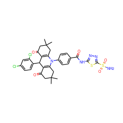 CC1(C)CC(=O)C2=C(C1)N(c1ccc(C(=O)Nc3nnc(S(N)(=O)=O)s3)cc1)C1=C(C(=O)CC(C)(C)C1)C2c1ccc(Cl)cc1Cl ZINC000653882115