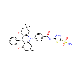 CC1(C)CC(=O)C2=C(C1)N(c1ccc(C(=O)Nc3nnc(S(N)(=O)=O)s3)cc1)C1=C(C(=O)CC(C)(C)C1)C2c1ccccc1 ZINC000653861607