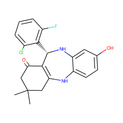 CC1(C)CC(=O)C2=C(C1)Nc1ccc(O)cc1N[C@H]2c1c(F)cccc1Cl ZINC000043122049