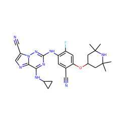 CC1(C)CC(Oc2cc(F)c(Nc3nc(NC4CC4)c4ncc(C#N)n4n3)cc2C#N)CC(C)(C)N1 ZINC000169711966