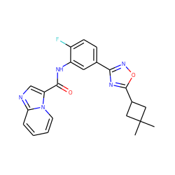 CC1(C)CC(c2nc(-c3ccc(F)c(NC(=O)c4cnc5ccccn45)c3)no2)C1 ZINC000206120130