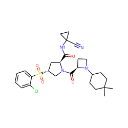 CC1(C)CCC(N2CC[C@@H]2C(=O)N2C[C@H](S(=O)(=O)c3ccccc3Cl)C[C@H]2C(=O)NC2(C#N)CC2)CC1 ZINC000169705288