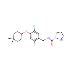 CC1(C)CCC(Oc2cc(F)c(CNC(=O)[C@@H]3CCCN3)cc2F)CC1 ZINC000049071382