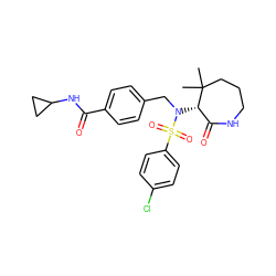 CC1(C)CCCNC(=O)[C@@H]1N(Cc1ccc(C(=O)NC2CC2)cc1)S(=O)(=O)c1ccc(Cl)cc1 ZINC000029129171