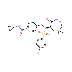 CC1(C)CCNC(=O)[C@H](N(Cc2ccc(C(=O)NC3CC3)cc2)S(=O)(=O)c2ccc(Cl)cc2)C1 ZINC000029130185