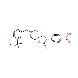 CC1(C)CCSc2ccc(CN3CCC4(CC3)CN(c3ccc(C(=O)O)cc3)C(=O)O4)cc21 ZINC000114357958