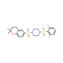 CC1(C)CCc2cc(S(=O)(=O)N3CCN(S(=O)(=O)c4c(F)cccc4F)CC3)ccc2O1 ZINC000036379067