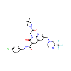 CC1(C)CN(C(=O)Cn2c(=O)c(C(=O)NCc3ccc(Cl)cc3)cc3cc(CN4CCN[C@@H](C(F)(F)F)C4)cnc32)C1 ZINC001772647853