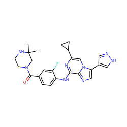 CC1(C)CN(C(=O)c2ccc(Nc3nc(C4CC4)cn4c(-c5cn[nH]c5)cnc34)c(F)c2)CCN1 ZINC000072140862