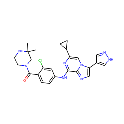 CC1(C)CN(C(=O)c2ccc(Nc3nc(C4CC4)cn4c(-c5cn[nH]c5)cnc34)cc2Cl)CCN1 ZINC000072123198