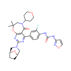 CC1(C)CN(C2CCOCC2)C(=O)c2c(nc(N3C[C@@H]4CC[C@H](C3)O4)nc2-c2ccc(NC(=O)Nc3ccon3)c(F)c2)O1 ZINC000225298949