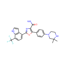 CC1(C)CN(c2ccc(-c3oc(-c4ccc(C(F)(F)F)c5[nH]ccc45)nc3C(N)=O)cc2)CCN1 ZINC000205430621