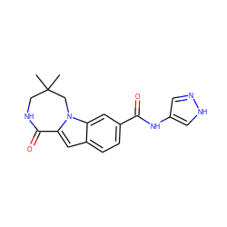 CC1(C)CNC(=O)c2cc3ccc(C(=O)Nc4cn[nH]c4)cc3n2C1 ZINC000218287089