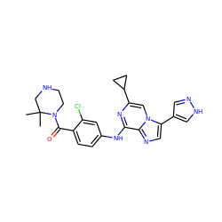 CC1(C)CNCCN1C(=O)c1ccc(Nc2nc(C3CC3)cn3c(-c4cn[nH]c4)cnc23)cc1Cl ZINC000072126148