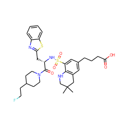 CC1(C)CNc2c(cc(CCCC(=O)O)cc2S(=O)(=O)N[C@@H](Cc2nc3ccccc3s2)C(=O)N2CCC(CCF)CC2)C1 ZINC000029335791