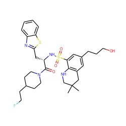 CC1(C)CNc2c(cc(CCCO)cc2S(=O)(=O)N[C@@H](Cc2nc3ccccc3s2)C(=O)N2CCC(CCF)CC2)C1 ZINC000029333748