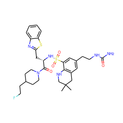 CC1(C)CNc2c(cc(CCNC(N)=O)cc2S(=O)(=O)N[C@@H](Cc2nc3ccccc3s2)C(=O)N2CCC(CCF)CC2)C1 ZINC000029338419