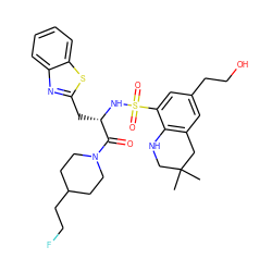 CC1(C)CNc2c(cc(CCO)cc2S(=O)(=O)N[C@@H](Cc2nc3ccccc3s2)C(=O)N2CCC(CCF)CC2)C1 ZINC000029340142