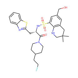 CC1(C)CNc2c(cc(CO)cc2S(=O)(=O)N[C@@H](Cc2nc3ccccc3s2)C(=O)N2CCC(CCF)CC2)C1 ZINC000029339146