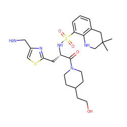 CC1(C)CNc2c(cccc2S(=O)(=O)N[C@@H](Cc2nc(CN)cs2)C(=O)N2CCC(CCO)CC2)C1 ZINC000029337928