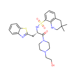 CC1(C)CNc2c(cccc2S(=O)(=O)N[C@@H](Cc2nc3ccccc3s2)C(=O)N2CCN(CCO)CC2)C1 ZINC000028761964