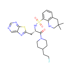 CC1(C)CNc2c(cccc2S(=O)(=O)N[C@@H](Cc2nc3cncnc3s2)C(=O)N2CCC(CCF)CC2)C1 ZINC000029339520