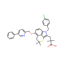 CC1(C)Cc2c(OCc3ccc(-c4ccccc4)cn3)ccc3c2c(c(CC(C)(C)C(=O)O)n3Cc2ccc(Cl)cc2)S1 ZINC000026669979