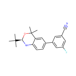 CC1(C)O[C@H](C(C)(C)C)Nc2ccc(-c3cc(F)cc(C#N)c3)cc21 ZINC000013439608