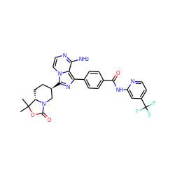 CC1(C)OC(=O)N2C[C@H](c3nc(-c4ccc(C(=O)Nc5cc(C(F)(F)F)ccn5)cc4)c4c(N)nccn34)CC[C@H]21 ZINC000145362311