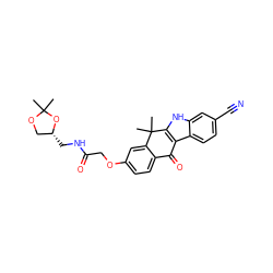 CC1(C)OC[C@@H](CNC(=O)COc2ccc3c(c2)C(C)(C)c2[nH]c4cc(C#N)ccc4c2C3=O)O1 ZINC000114800137