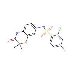 CC1(C)Oc2cc(NS(=O)(=O)c3ccc(F)cc3Cl)ccc2NC1=O ZINC001258916622