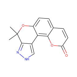 CC1(C)Oc2ccc3ccc(=O)oc3c2-c2c[nH]nc21 ZINC000006530421