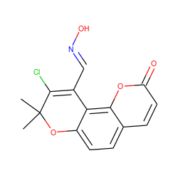 CC1(C)Oc2ccc3ccc(=O)oc3c2C(/C=N/O)=C1Cl ZINC000013111928