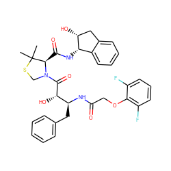 CC1(C)SCN(C(=O)[C@@H](O)[C@H](Cc2ccccc2)NC(=O)COc2c(F)cccc2F)[C@@H]1C(=O)N[C@H]1c2ccccc2C[C@H]1O ZINC000049899605