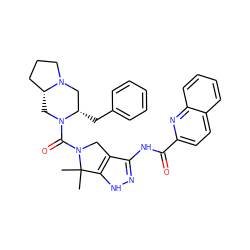 CC1(C)c2[nH]nc(NC(=O)c3ccc4ccccc4n3)c2CN1C(=O)N1C[C@@H]2CCCN2C[C@@H]1Cc1ccccc1 ZINC000114184357