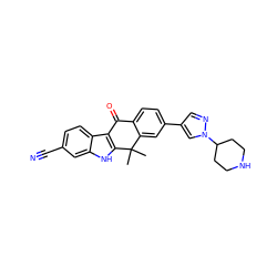 CC1(C)c2cc(-c3cnn(C4CCNCC4)c3)ccc2C(=O)c2c1[nH]c1cc(C#N)ccc21 ZINC000653771310