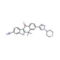 CC1(C)c2cc(-c3cnn(C4CCOCC4)c3)ccc2C(=O)c2c1[nH]c1cc(C#N)ccc21 ZINC000653765631