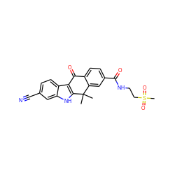 CC1(C)c2cc(C(=O)NCCS(C)(=O)=O)ccc2C(=O)c2c1[nH]c1cc(C#N)ccc21 ZINC000114802276