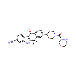 CC1(C)c2cc(C3CCN(C(=O)[C@@H]4COCCN4)CC3)ccc2C(=O)c2c1[nH]c1cc(C#N)ccc21 ZINC000653749438