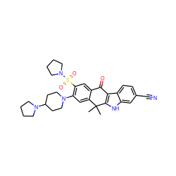 CC1(C)c2cc(N3CCC(N4CCCC4)CC3)c(S(=O)(=O)N3CCCC3)cc2C(=O)c2c1[nH]c1cc(C#N)ccc21 ZINC000114801138