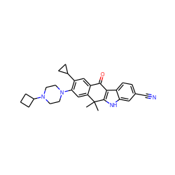 CC1(C)c2cc(N3CCN(C4CCC4)CC3)c(C3CC3)cc2C(=O)c2c1[nH]c1cc(C#N)ccc21 ZINC000114800420