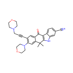 CC1(C)c2cc(N3CCOCC3)c(C#CCN3CCOCC3)cc2C(=O)c2c1[nH]c1cc(C#N)ccc21 ZINC000114801336