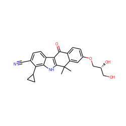 CC1(C)c2cc(OC[C@H](O)CO)ccc2C(=O)c2c1[nH]c1c(C3CC3)c(C#N)ccc21 ZINC000114803148