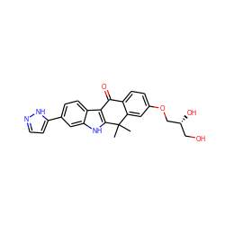 CC1(C)c2cc(OC[C@H](O)CO)ccc2C(=O)c2c1[nH]c1cc(-c3ccn[nH]3)ccc21 ZINC000114801582