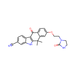 CC1(C)c2cc(OCCN3CCNC3=O)ccc2C(=O)c2c1[nH]c1cc(C#N)ccc21 ZINC000114800517