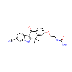 CC1(C)c2cc(OCCNC(N)=O)ccc2C(=O)c2c1[nH]c1cc(C#N)ccc21 ZINC000071332045