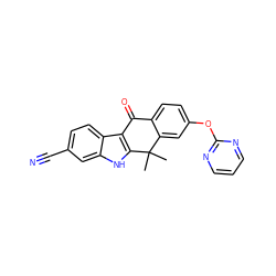 CC1(C)c2cc(Oc3ncccn3)ccc2C(=O)c2c1[nH]c1cc(C#N)ccc21 ZINC000114800780