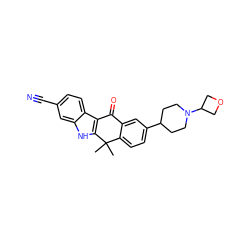 CC1(C)c2ccc(C3CCN(C4COC4)CC3)cc2C(=O)c2c1[nH]c1cc(C#N)ccc21 ZINC000082158106