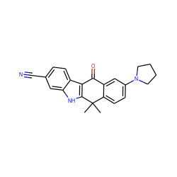 CC1(C)c2ccc(N3CCCC3)cc2C(=O)c2c1[nH]c1cc(C#N)ccc21 ZINC000114802463