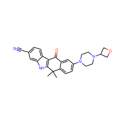 CC1(C)c2ccc(N3CCN(C4COC4)CC3)cc2C(=O)c2c1[nH]c1cc(C#N)ccc21 ZINC000082158387